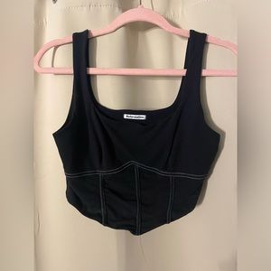 Reformation black corset top with white stitching detail